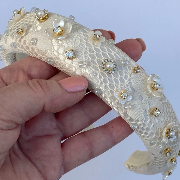 1” Padded Headband Offwhite Vintage Lace Overlay Flower/beads Adorned Handmade - Picture 6 of 11